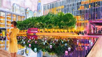 A brightly coloured painting showing a girl standing by a lake with trees and large buildings around her